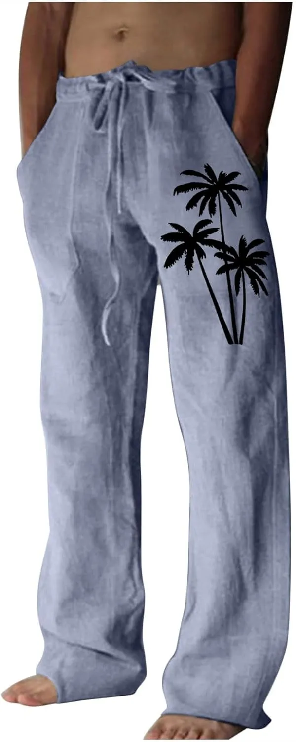 Mens Beach Linen Pants Coconut Tree Print Casual Loose Hawaiian Pants Baggy Lightweight Summer Trousers with Pockets