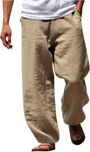 Mens Beach Pants Casual Lightweight Cotton Linen Pants Elastic Waist Wide Leg Trendy Fashion Loose Fit Trousers