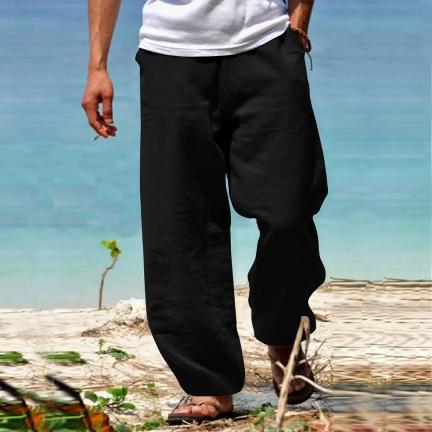 Mens Beach Pants Casual Lightweight Cotton Linen Pants Elastic Waist Wide Leg Trendy Fashion Loose Fit Trousers