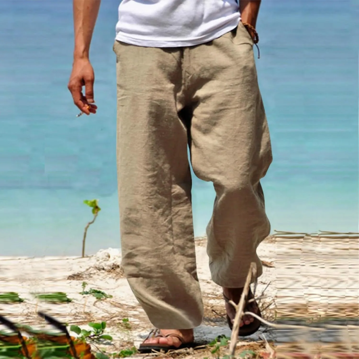 Mens Beach Pants Casual Lightweight Cotton Linen Pants Elastic Waist Wide Leg Trendy Fashion Loose Fit Trousers