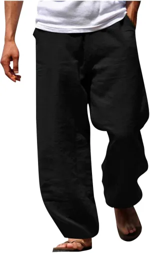 Mens Beach Pants Casual Lightweight Cotton Linen Pants Elastic Waist Wide Leg Trendy Fashion Loose Fit Trousers