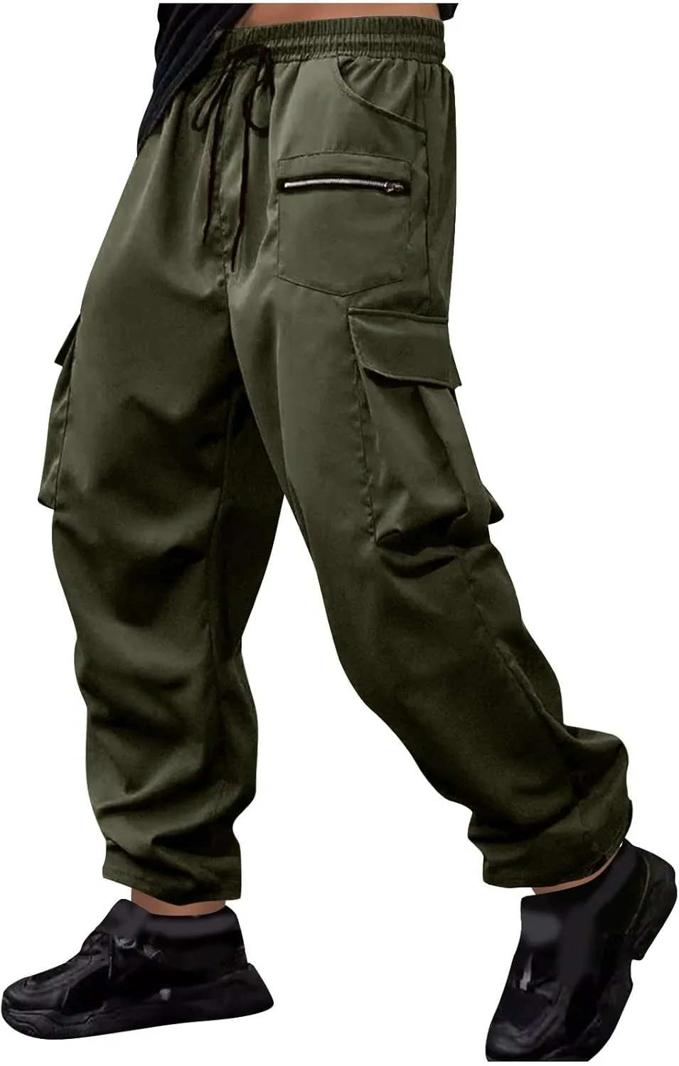 Men's Casual Cargo Pants Elastic Waist Drawstring Fitness Joggers Pant Stylish Tapered Sweatpants with Multi Pockets