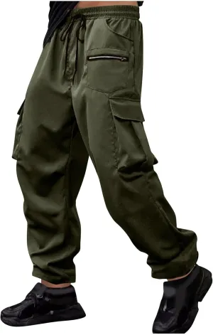 Men's Casual Cargo Pants Elastic Waist Drawstring Fitness Joggers Pant Stylish Tapered Sweatpants with Multi Pockets