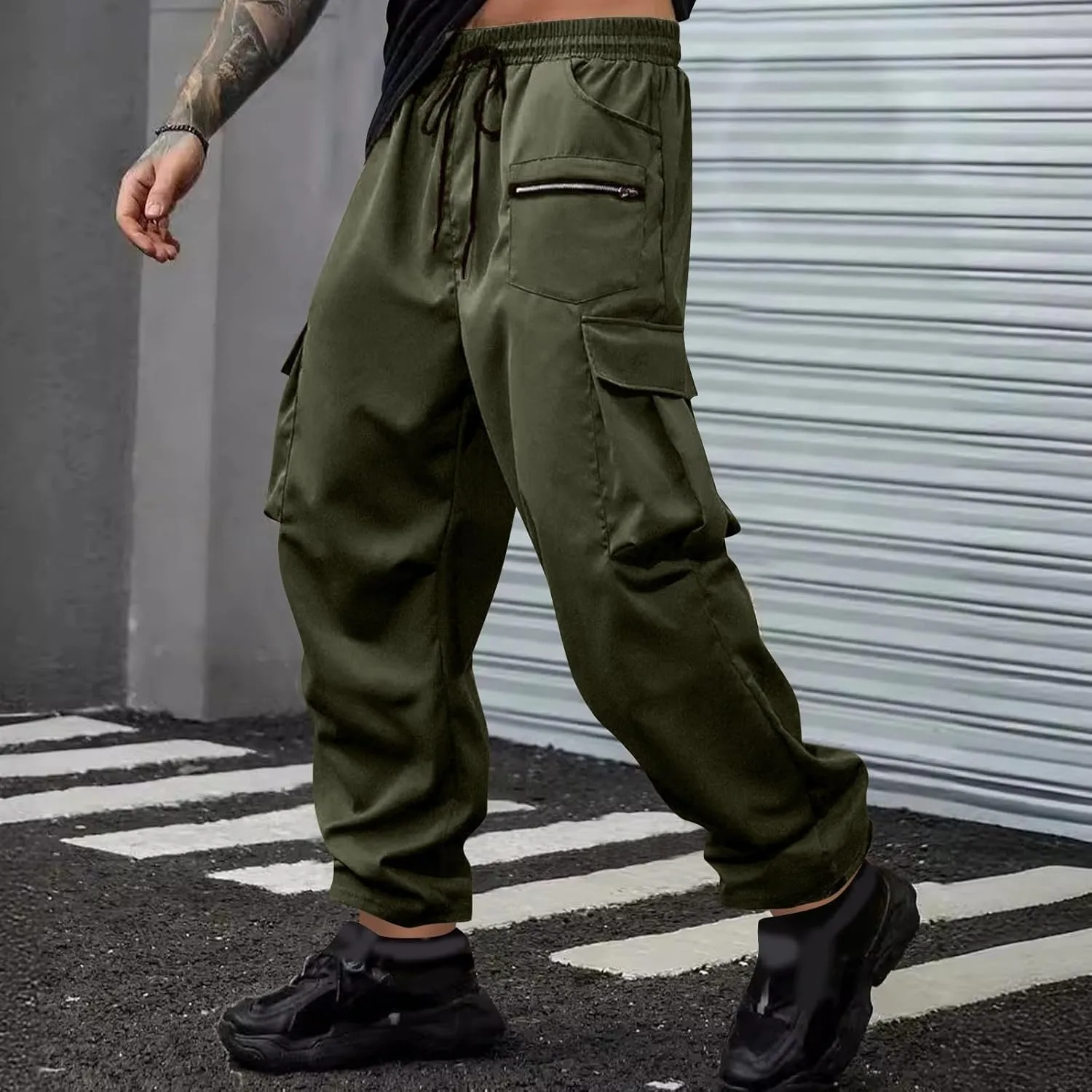 Men's Casual Cargo Pants Elastic Waist Drawstring Fitness Joggers Pant Stylish Tapered Sweatpants with Multi Pockets