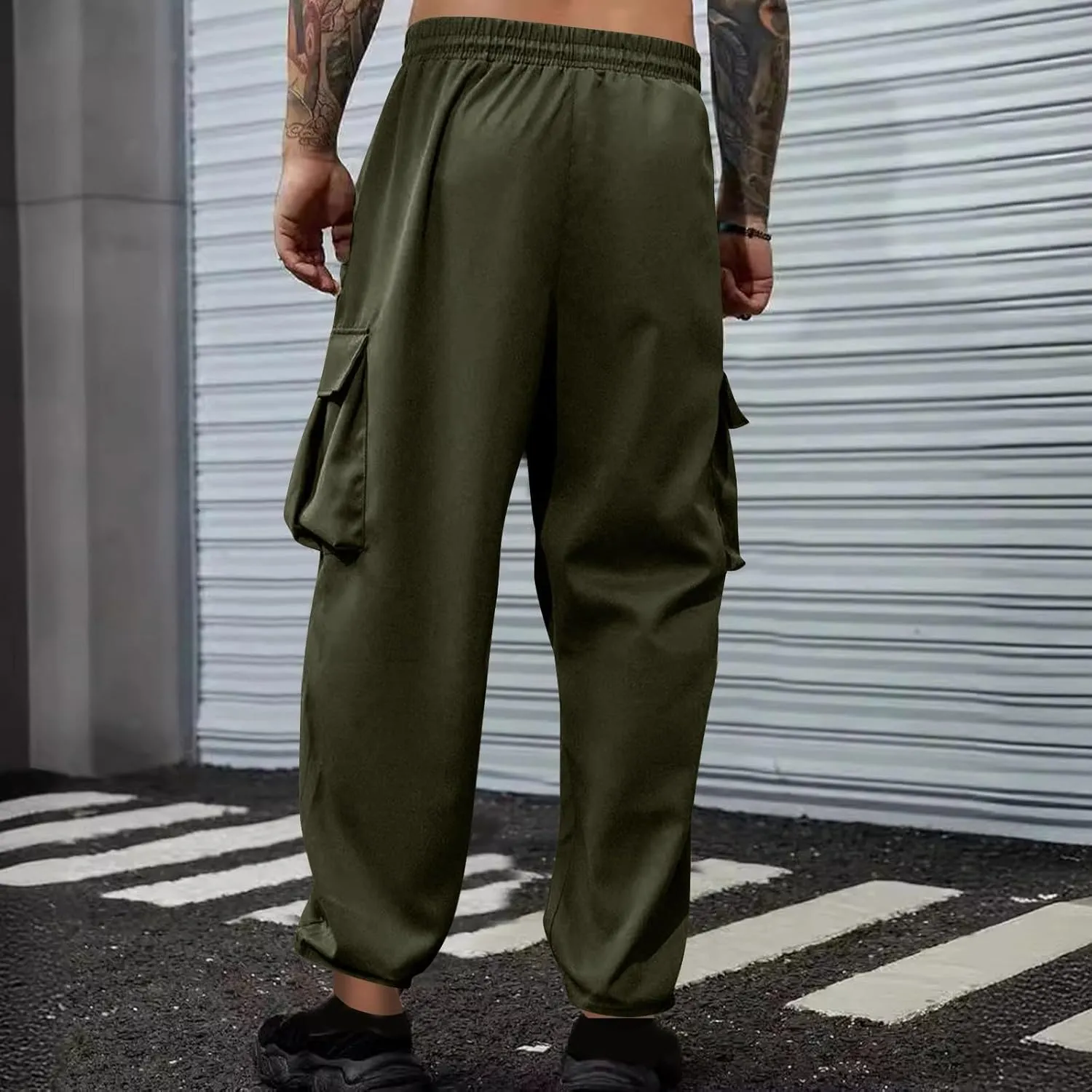 Men's Casual Cargo Pants Elastic Waist Drawstring Fitness Joggers Pant Stylish Tapered Sweatpants with Multi Pockets