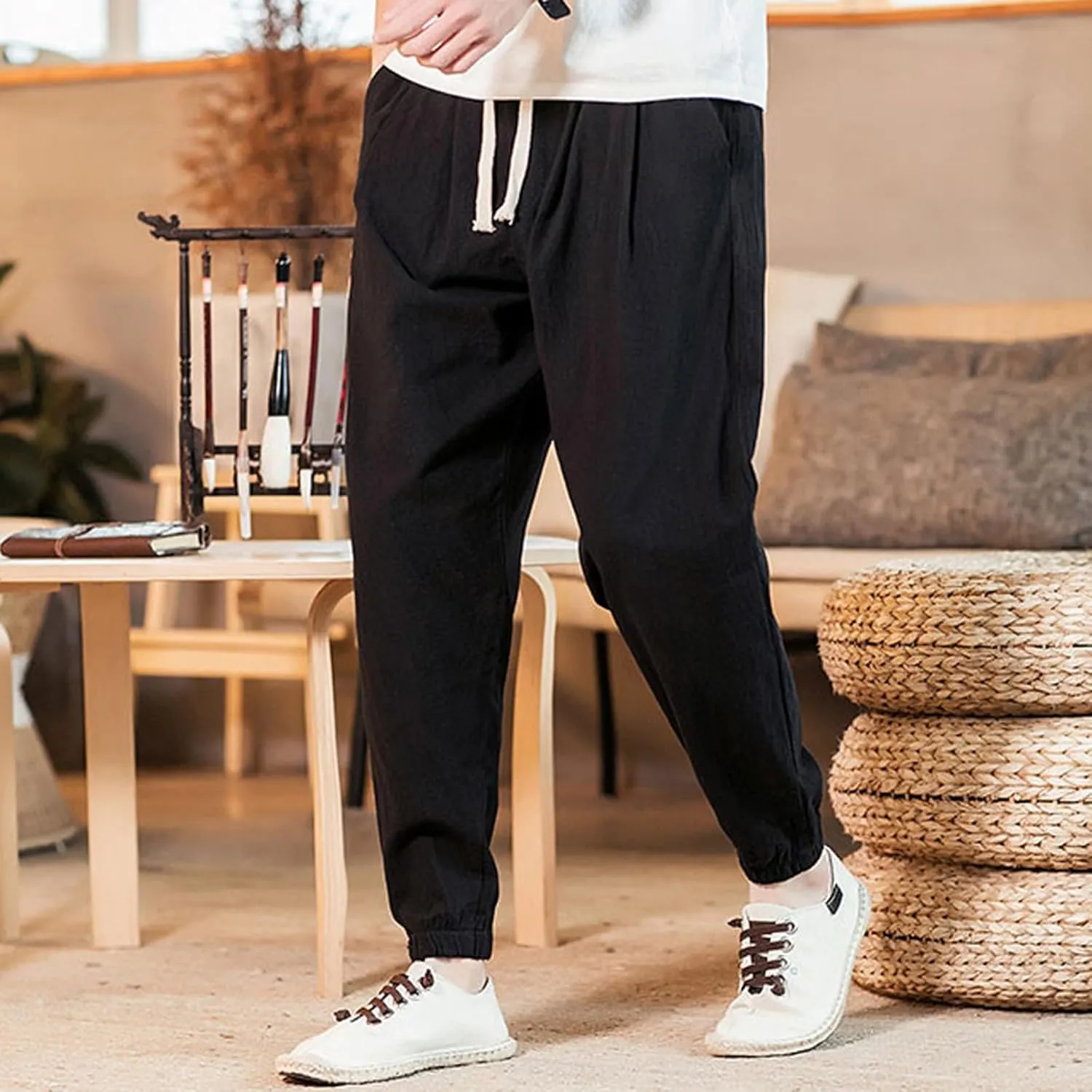 Mens Casual Cotton Linen Pants Loose Fit Elastic Waist Drawstring Beach Summer Yoga Trousers Bound Feet Solid Sweatpants