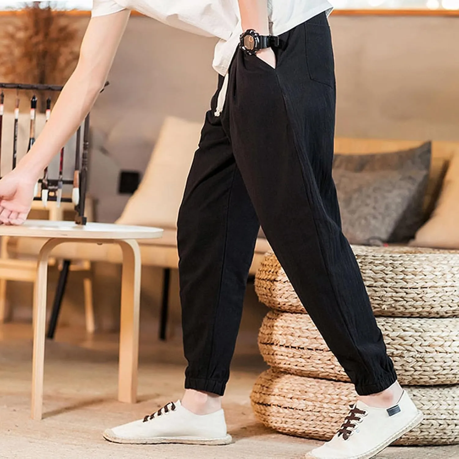 Mens Casual Cotton Linen Pants Loose Fit Elastic Waist Drawstring Beach Summer Yoga Trousers Bound Feet Solid Sweatpants