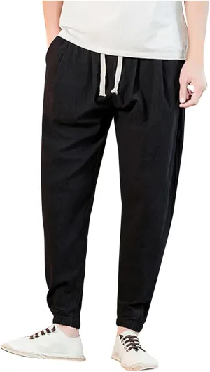 Mens Casual Cotton Linen Pants Loose Fit Elastic Waist Drawstring Beach Summer Yoga Trousers Bound Feet Solid Sweatpants