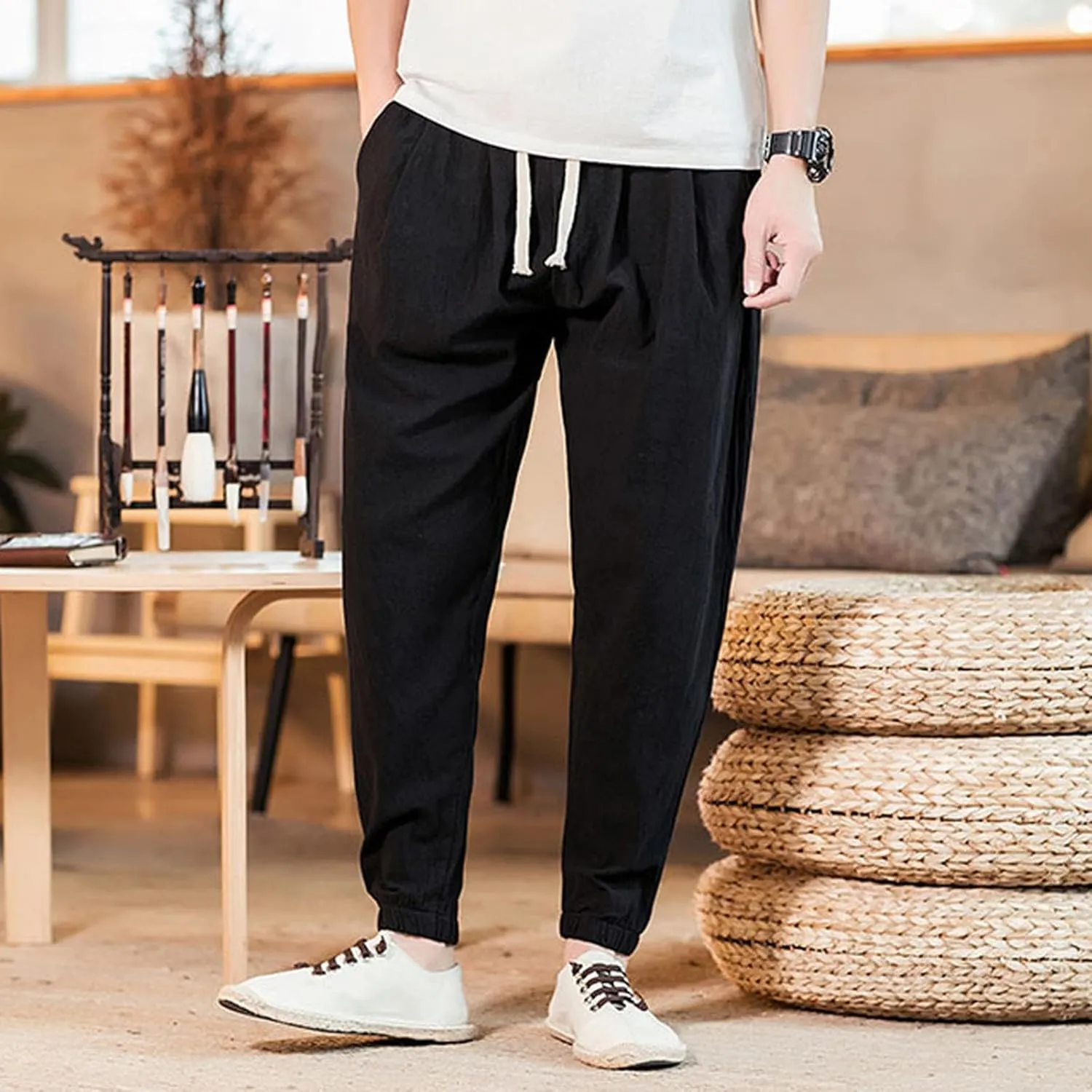Mens Casual Cotton Linen Pants Loose Fit Elastic Waist Drawstring Beach Summer Yoga Trousers Bound Feet Solid Sweatpants