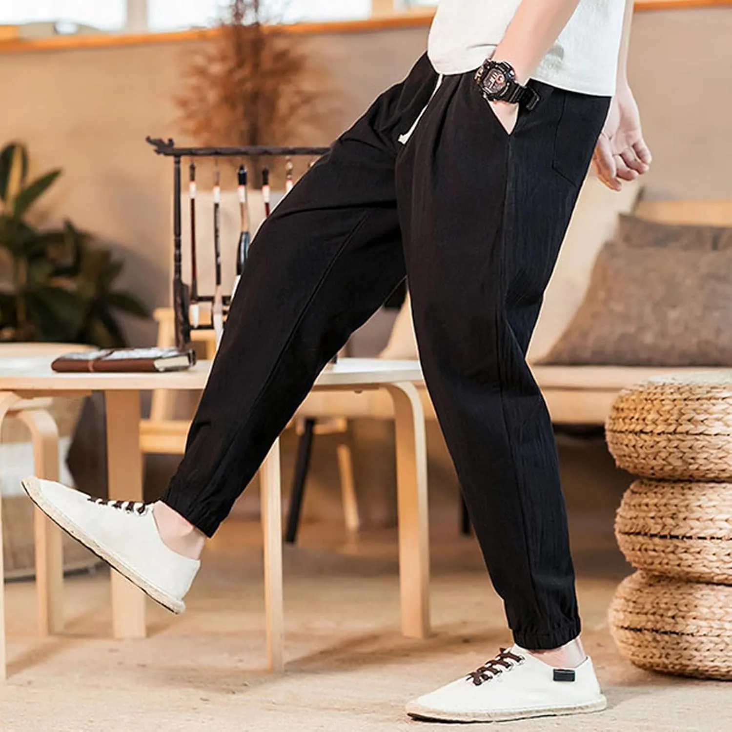 Mens Casual Cotton Linen Pants Loose Fit Elastic Waist Drawstring Beach Summer Yoga Trousers Bound Feet Solid Sweatpants