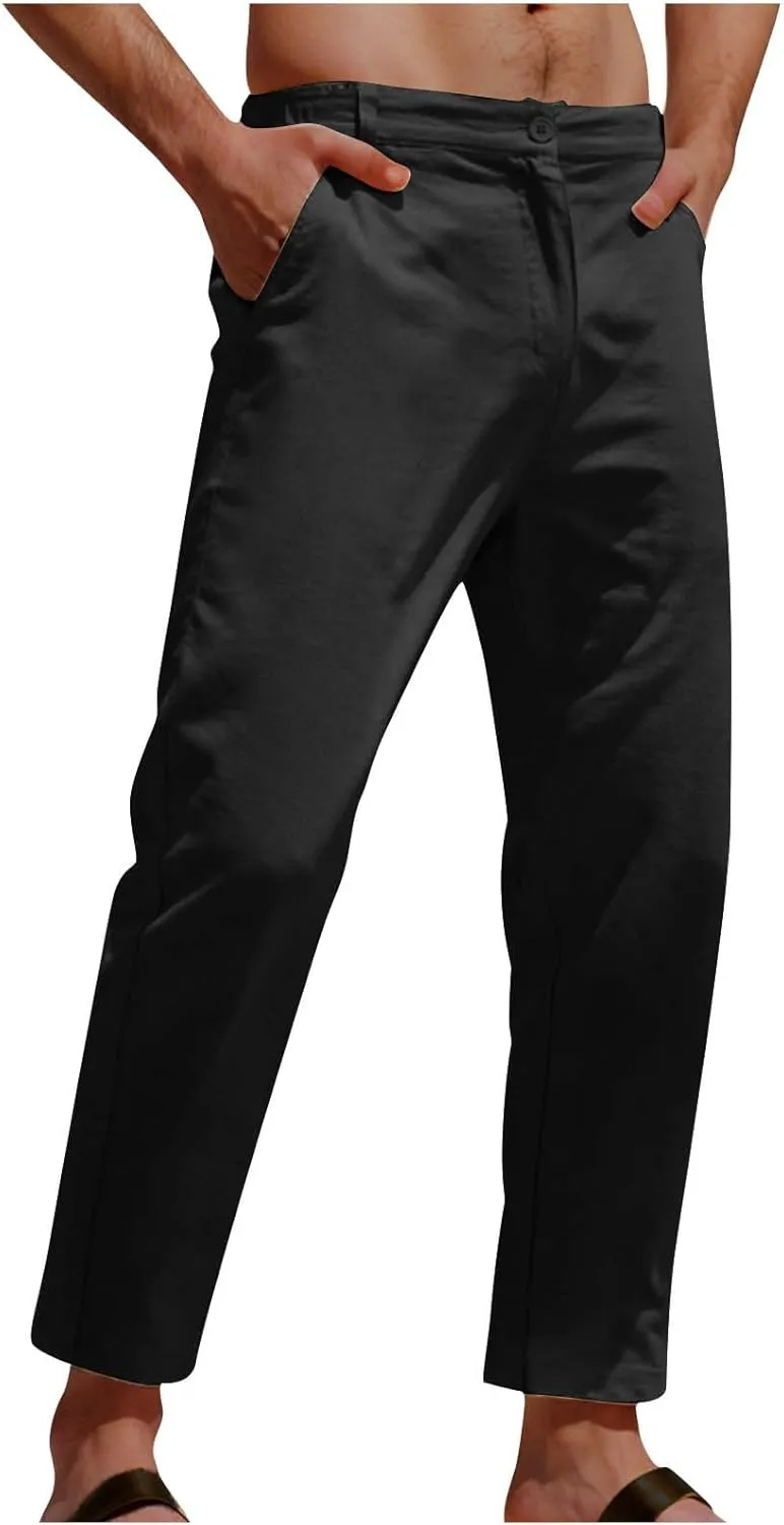 Men's Casual Linen Cotton Pants Elastic Waist Summer Beach Trousers Lightweight Yoga Vacation Pants Long Trousers