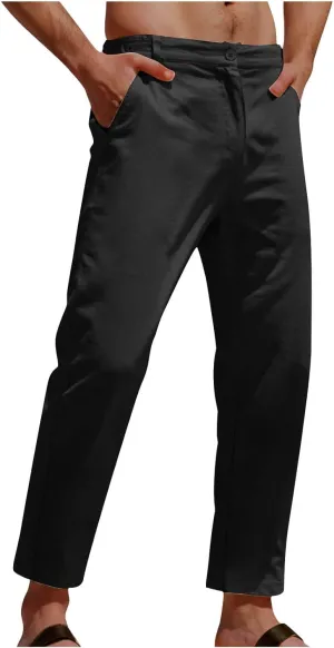 Men's Casual Linen Cotton Pants Elastic Waist Summer Beach Trousers Lightweight Yoga Vacation Pants Long Trousers