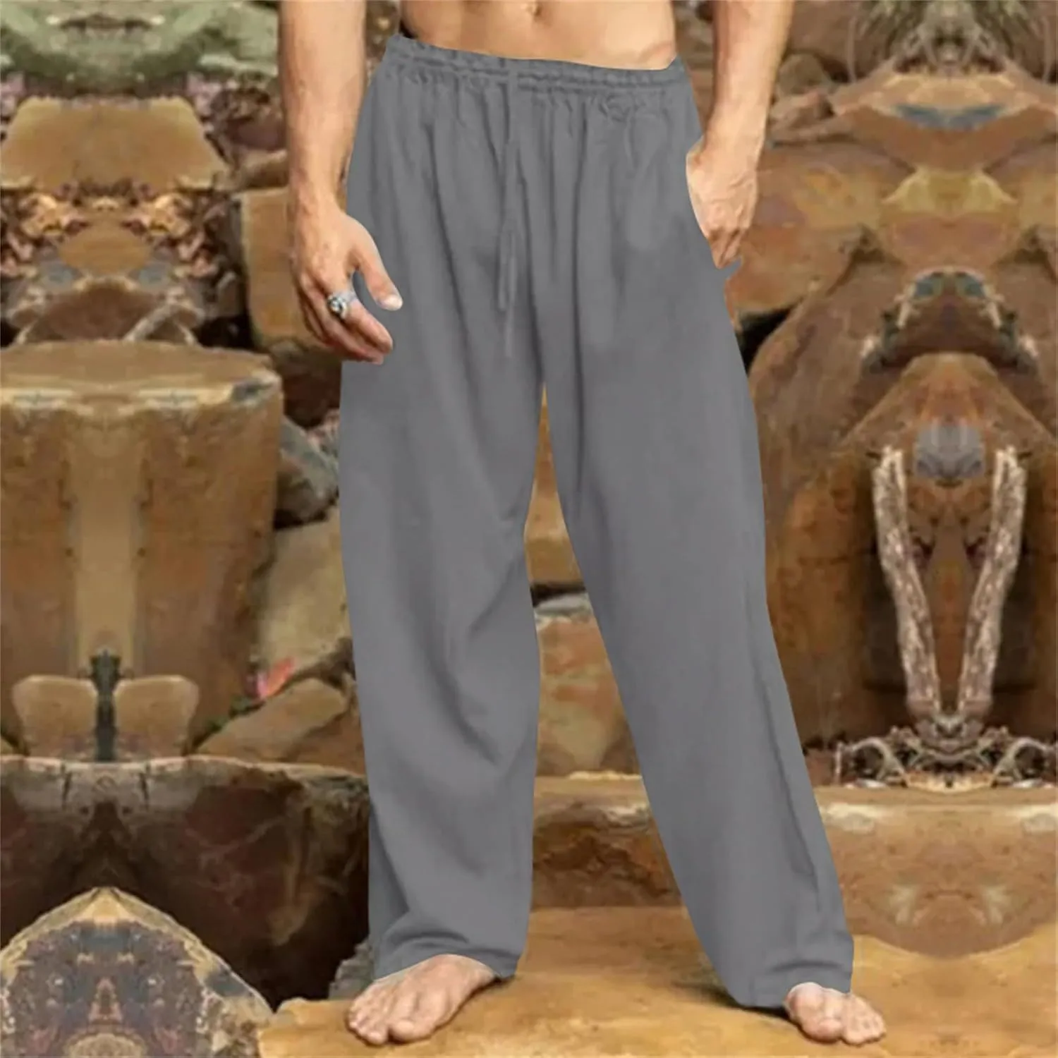 Men's Casual Linen Pants Hip-Hop Breathable Loose Fit Elastic Waist Straight-Legs Summer Yoga Beach Long Sweatpants