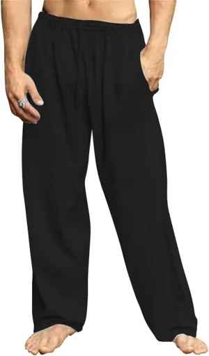 Men's Casual Linen Pants Hip-Hop Breathable Loose Fit Elastic Waist Straight-Legs Summer Yoga Beach Long Sweatpants