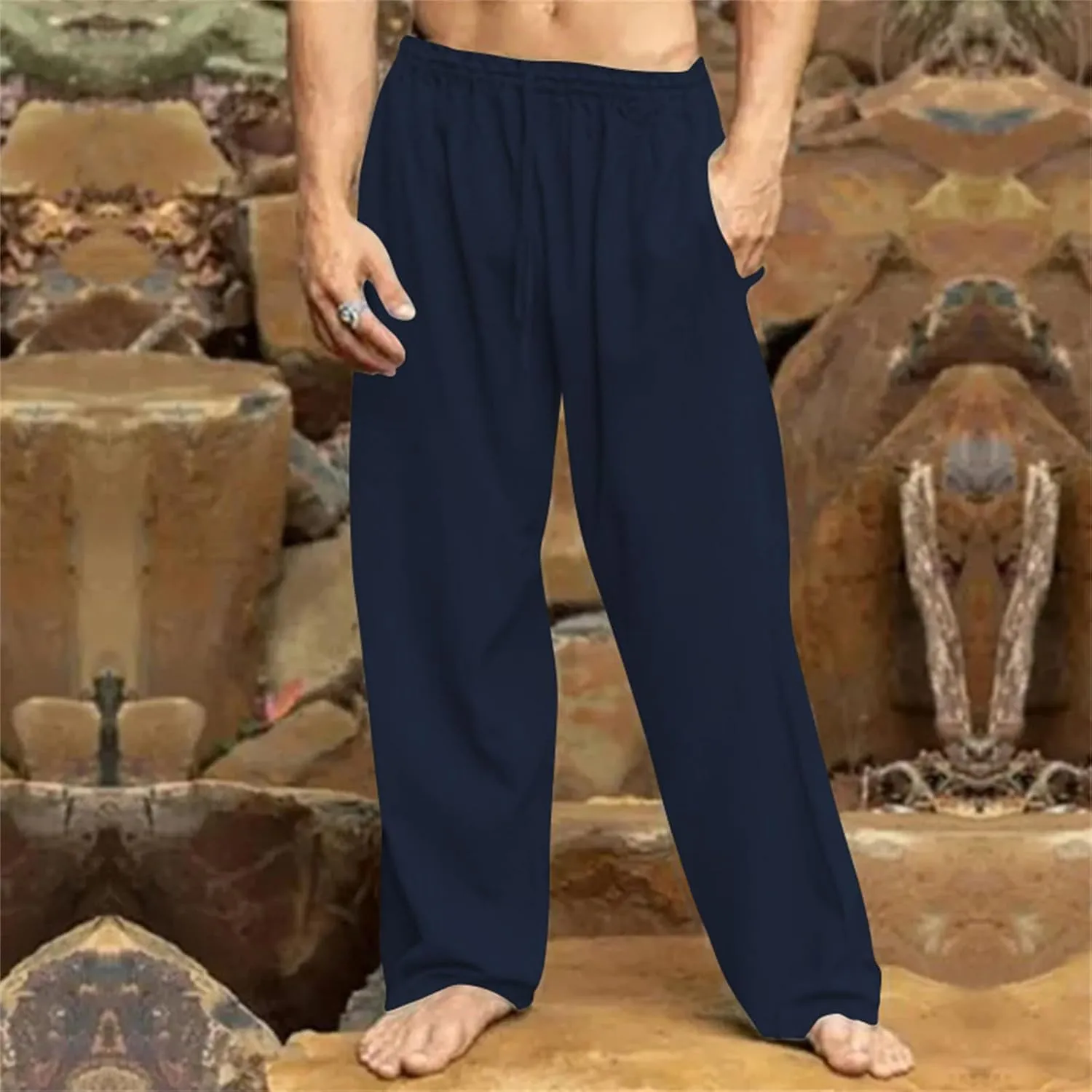 Men's Casual Linen Pants Hip-Hop Breathable Loose Fit Elastic Waist Straight-Legs Summer Yoga Beach Long Sweatpants