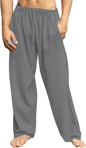 Men's Casual Linen Pants Hip-Hop Breathable Loose Fit Elastic Waist Straight-Legs Summer Yoga Beach Long Sweatpants