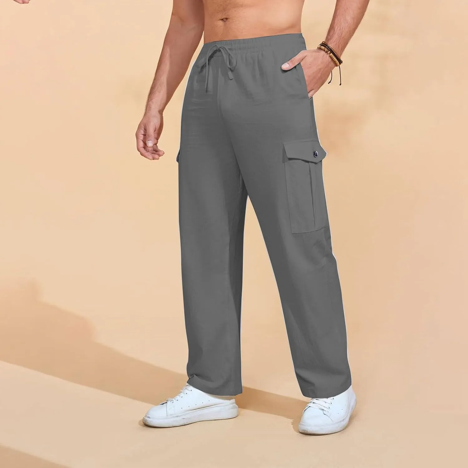 Mens Casual Pants Drawstring Elastic Waist Fleece Baggy Sweatpants Joggers Cargo Straight Leg Trousers with Pockets