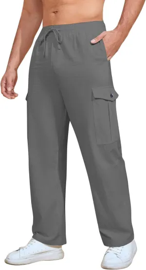 Mens Casual Pants Drawstring Elastic Waist Fleece Baggy Sweatpants Joggers Cargo Straight Leg Trousers with Pockets