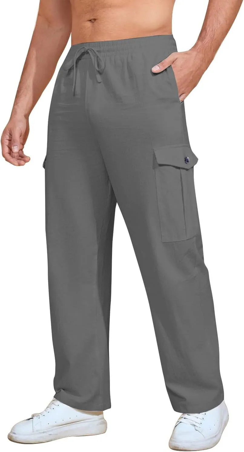 Mens Casual Pants Drawstring Elastic Waist Fleece Baggy Sweatpants Joggers Cargo Straight Leg Trousers with Pockets