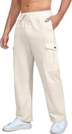 Mens Casual Pants Drawstring Elastic Waist Fleece Baggy Sweatpants Joggers Cargo Straight Leg Trousers with Pockets