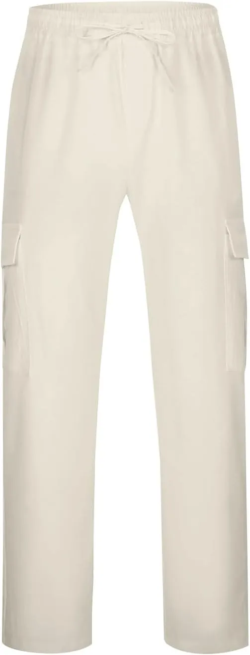 Mens Casual Pants Drawstring Elastic Waist Fleece Baggy Sweatpants Joggers Cargo Straight Leg Trousers with Pockets