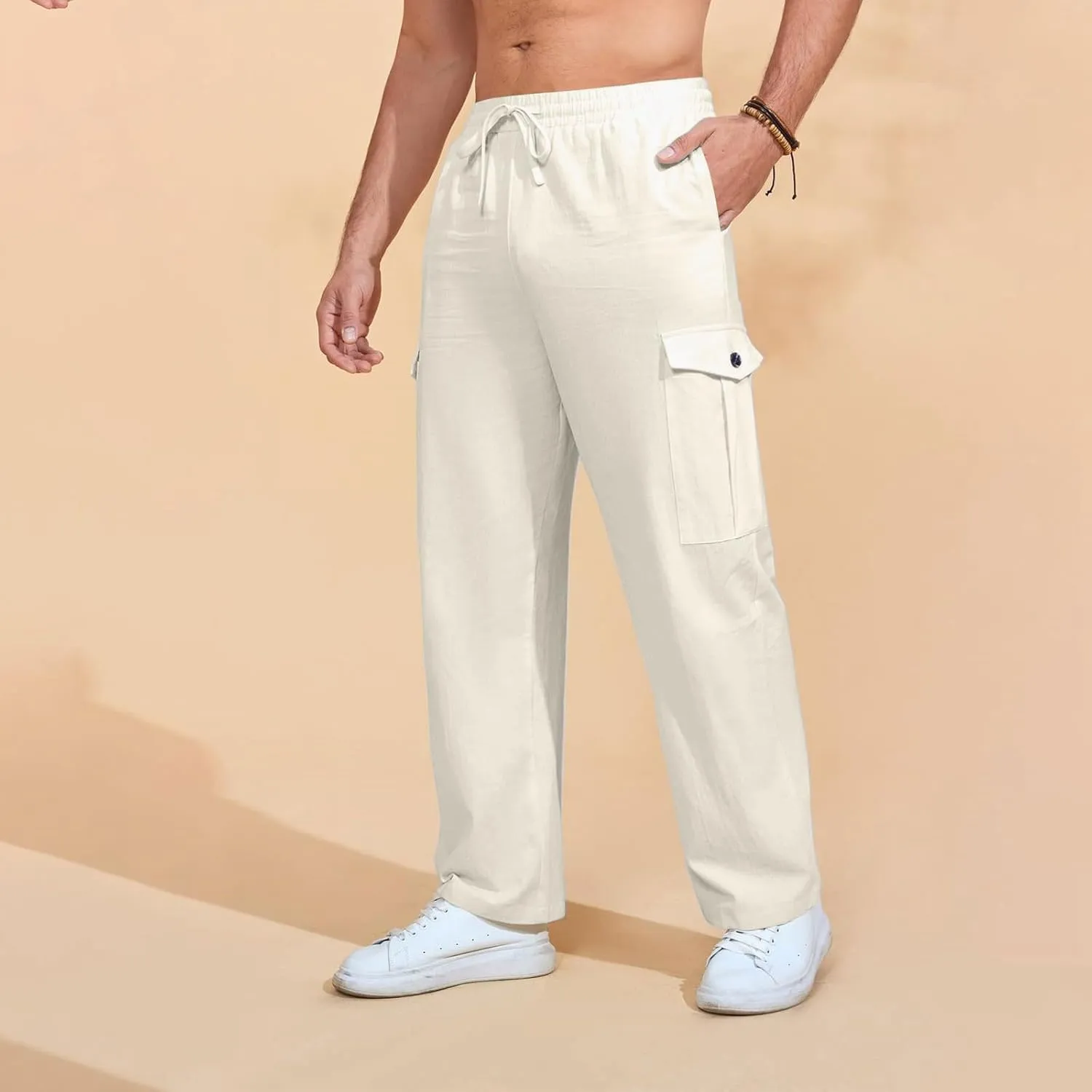 Mens Casual Pants Drawstring Elastic Waist Fleece Baggy Sweatpants Joggers Cargo Straight Leg Trousers with Pockets