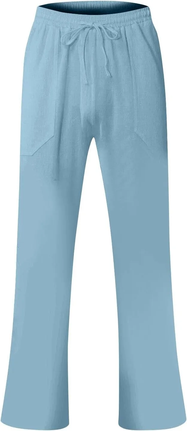 Mens Casual Pants Loose Fit Big and Tall Linen Pants with Pockets Summer Boho Wide Leg Elastic Waist Work Pants