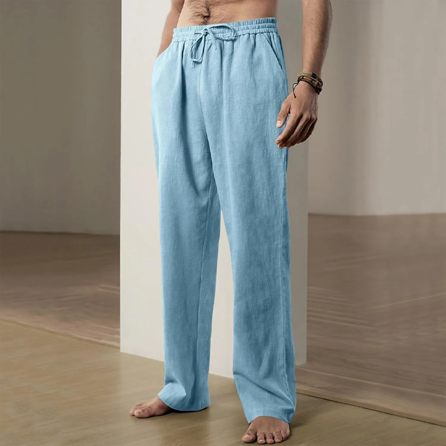 Mens Casual Pants Loose Fit Big and Tall Linen Pants with Pockets Summer Boho Wide Leg Elastic Waist Work Pants