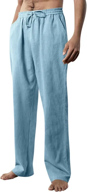 Mens Casual Pants Loose Fit Big and Tall Linen Pants with Pockets Summer Boho Wide Leg Elastic Waist Work Pants