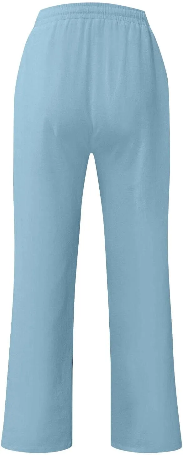 Mens Casual Pants Loose Fit Big and Tall Linen Pants with Pockets Summer Boho Wide Leg Elastic Waist Work Pants