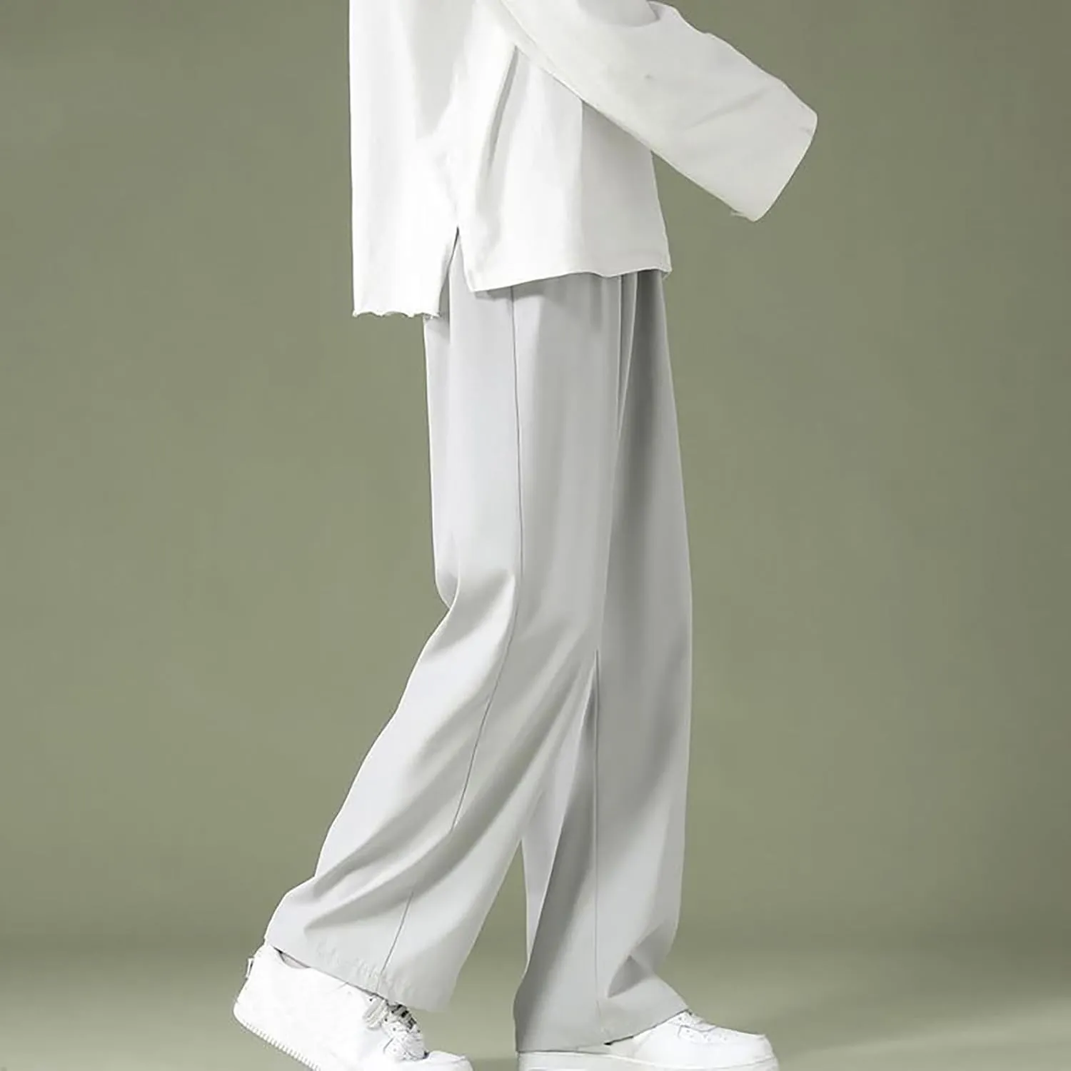 Men's Casual Relaxed Fit Wide Straight Legs Elastic Waist Pants Fashion Summer Slim Solid Color Classic Trousers Long Pants