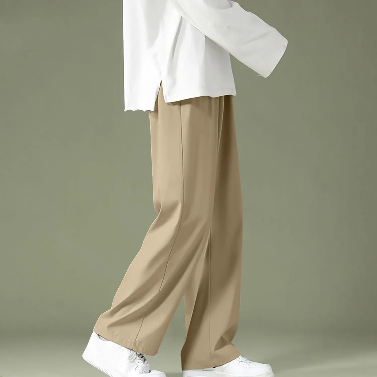 Men's Casual Relaxed Fit Wide Straight Legs Elastic Waist Pants Fashion Summer Slim Solid Color Classic Trousers Long Pants