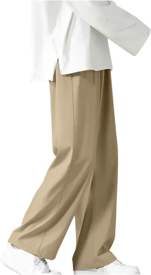 Men's Casual Relaxed Fit Wide Straight Legs Elastic Waist Pants Fashion Summer Slim Solid Color Classic Trousers Long Pants