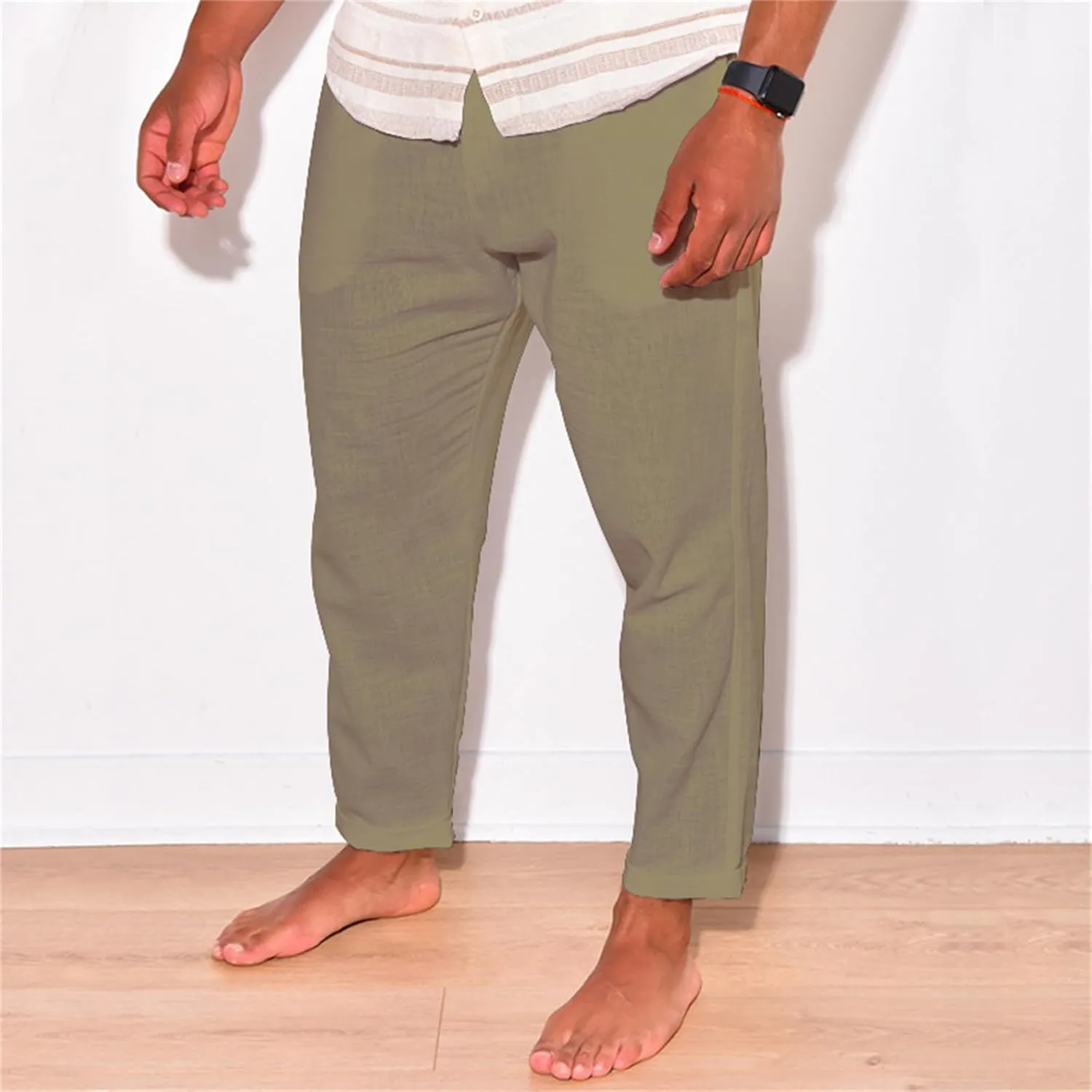 Mens Cotton Linen Drawstring Pants Multi-Pocket Elastic Waist Casual Jogger Yoga Trousers