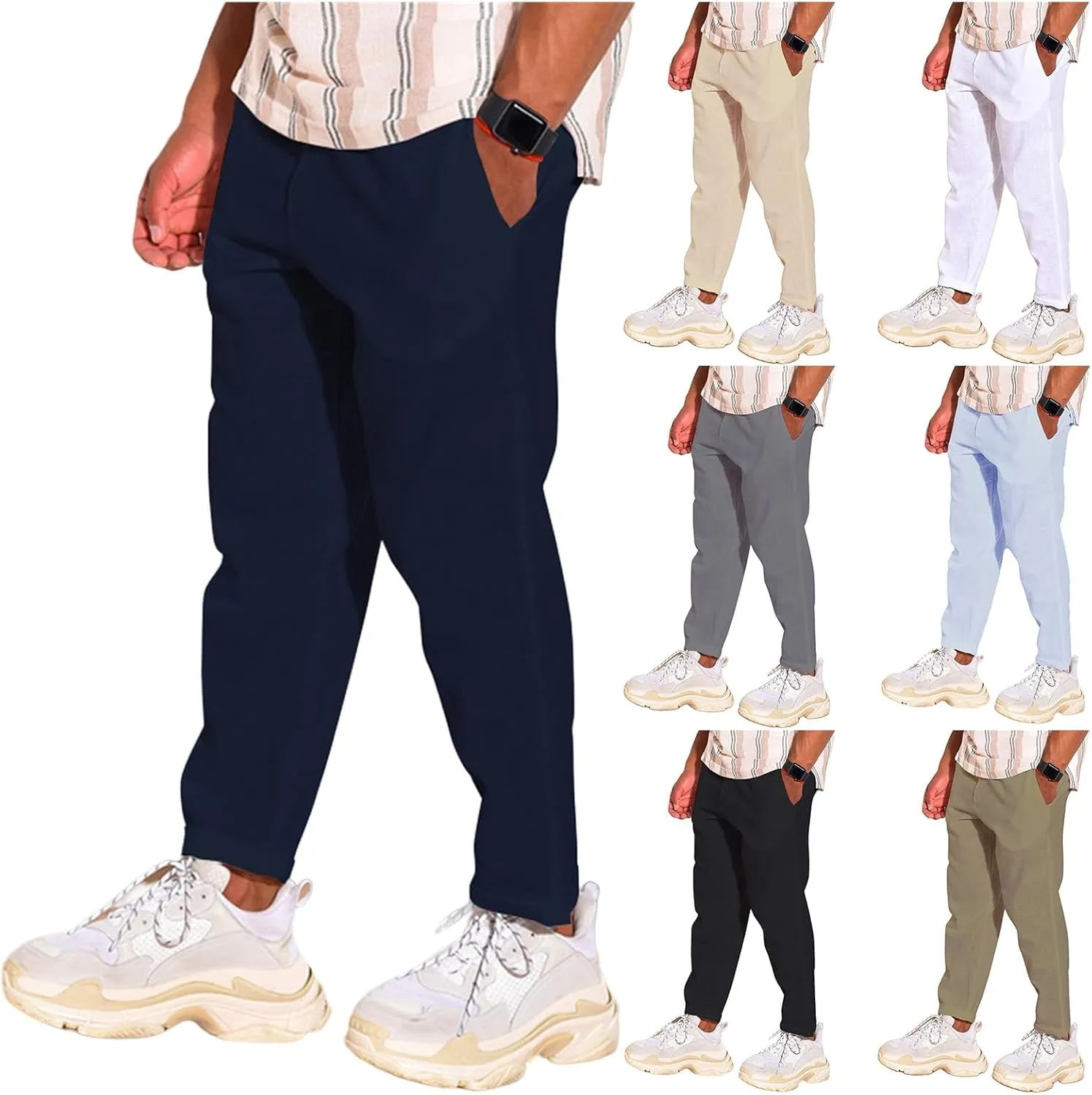 Mens Cotton Linen Drawstring Pants Multi-Pocket Elastic Waist Casual Jogger Yoga Trousers