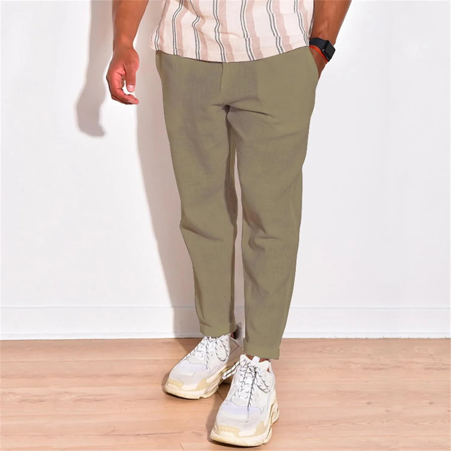 Mens Cotton Linen Drawstring Pants Multi-Pocket Elastic Waist Casual Jogger Yoga Trousers