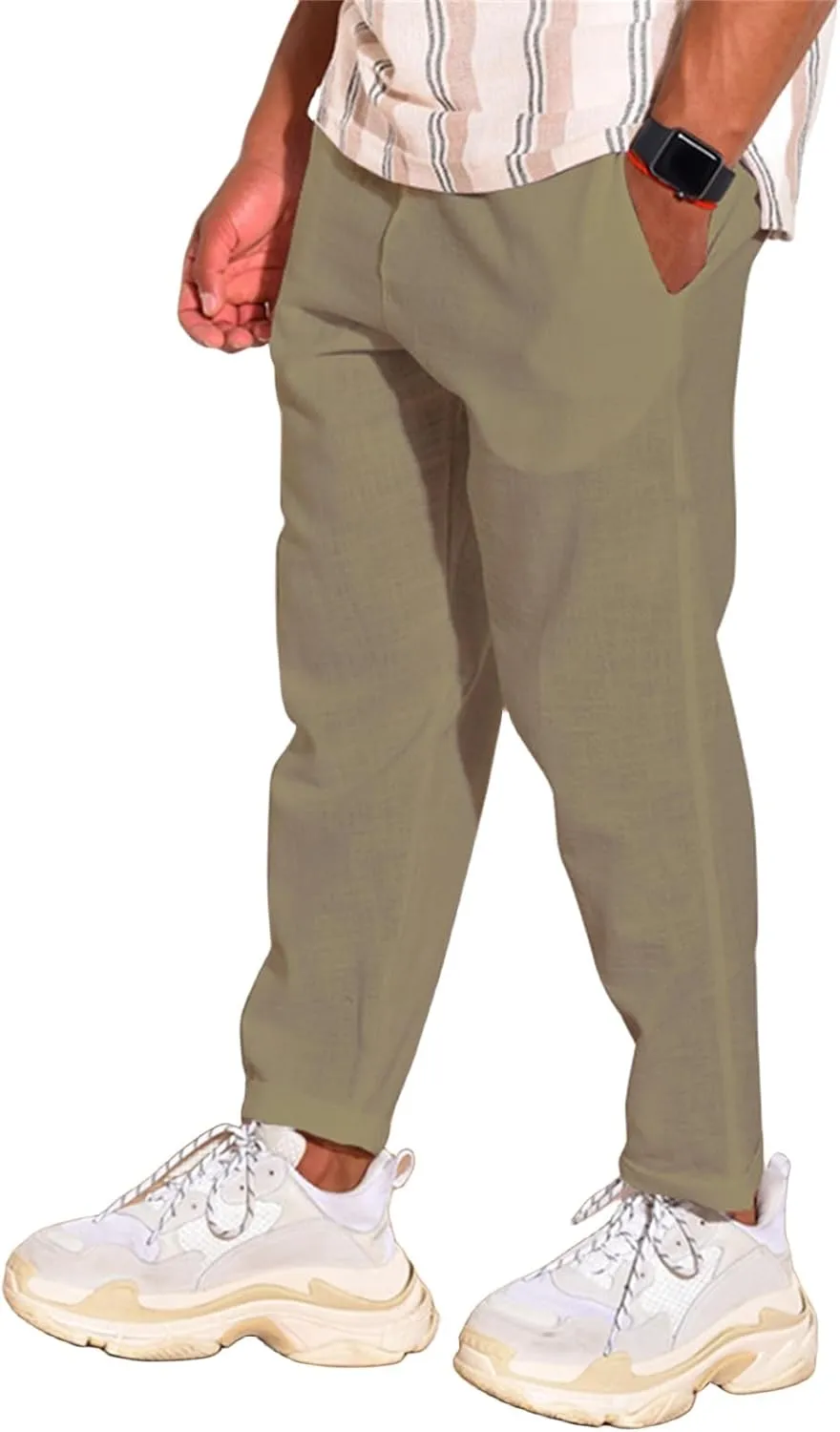 Mens Cotton Linen Drawstring Pants Multi-Pocket Elastic Waist Casual Jogger Yoga Trousers