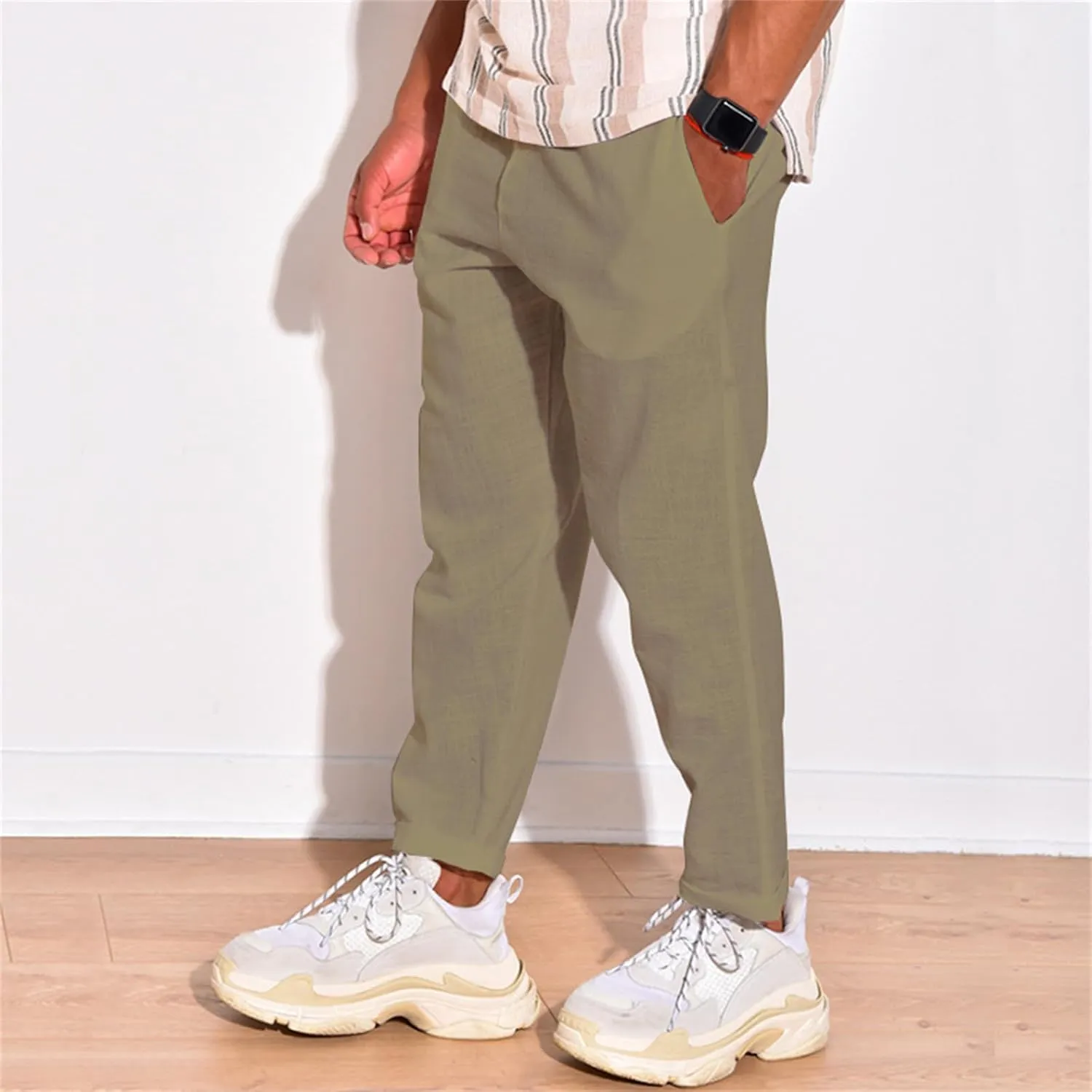 Mens Cotton Linen Drawstring Pants Multi-Pocket Elastic Waist Casual Jogger Yoga Trousers
