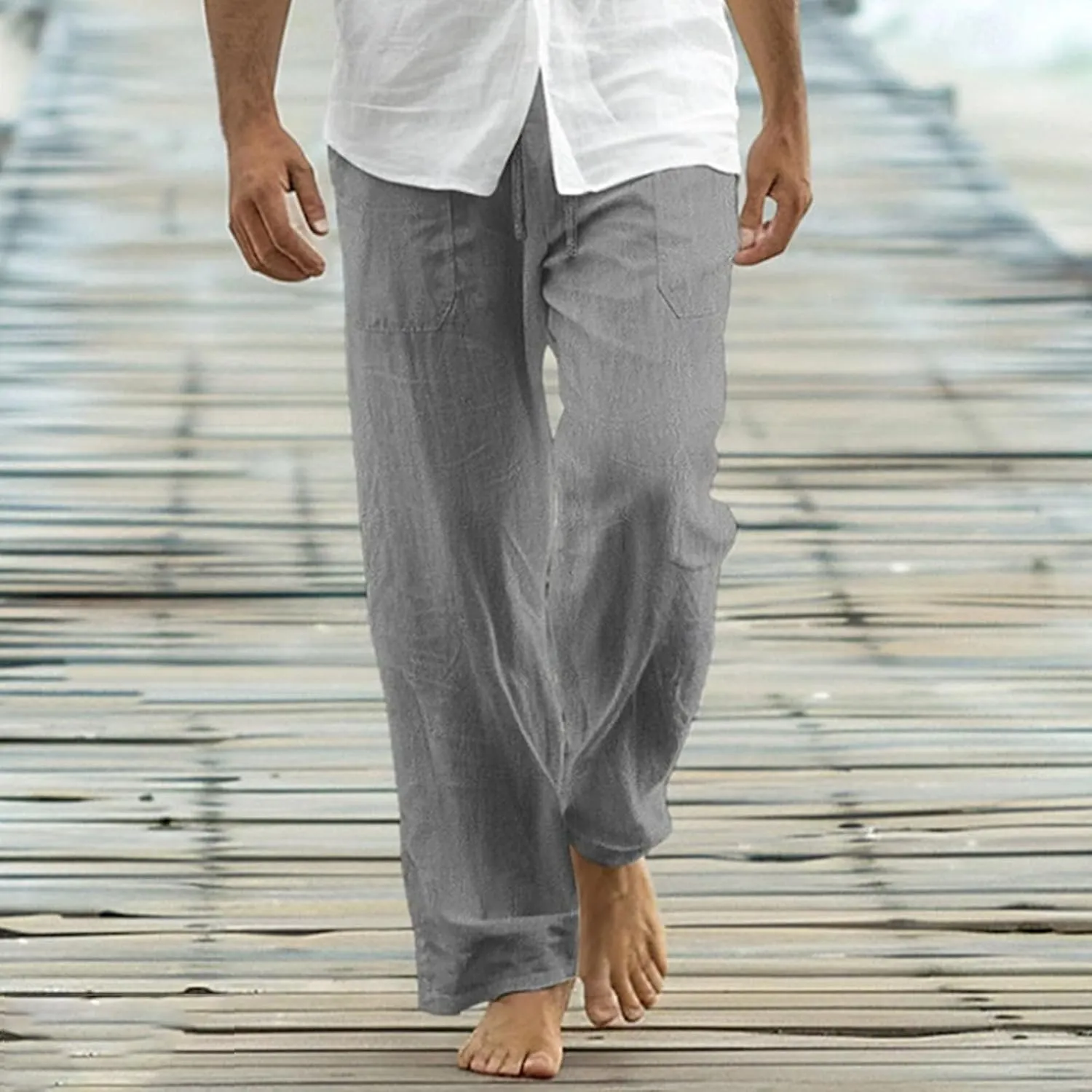 Mens Cotton Linen Joggers Sweatpants Casual Drawstring Elastic Waist Pant Baggy Quick Drying Workout Straight Trouser