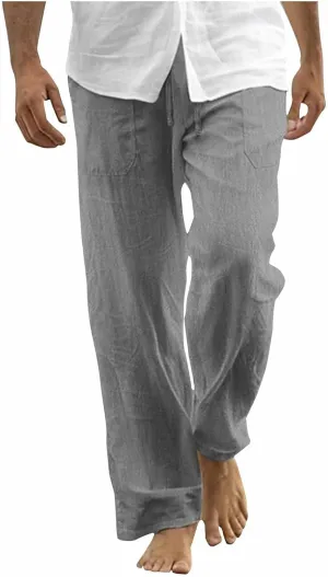 Mens Cotton Linen Joggers Sweatpants Casual Drawstring Elastic Waist Pant Baggy Quick Drying Workout Straight Trouser