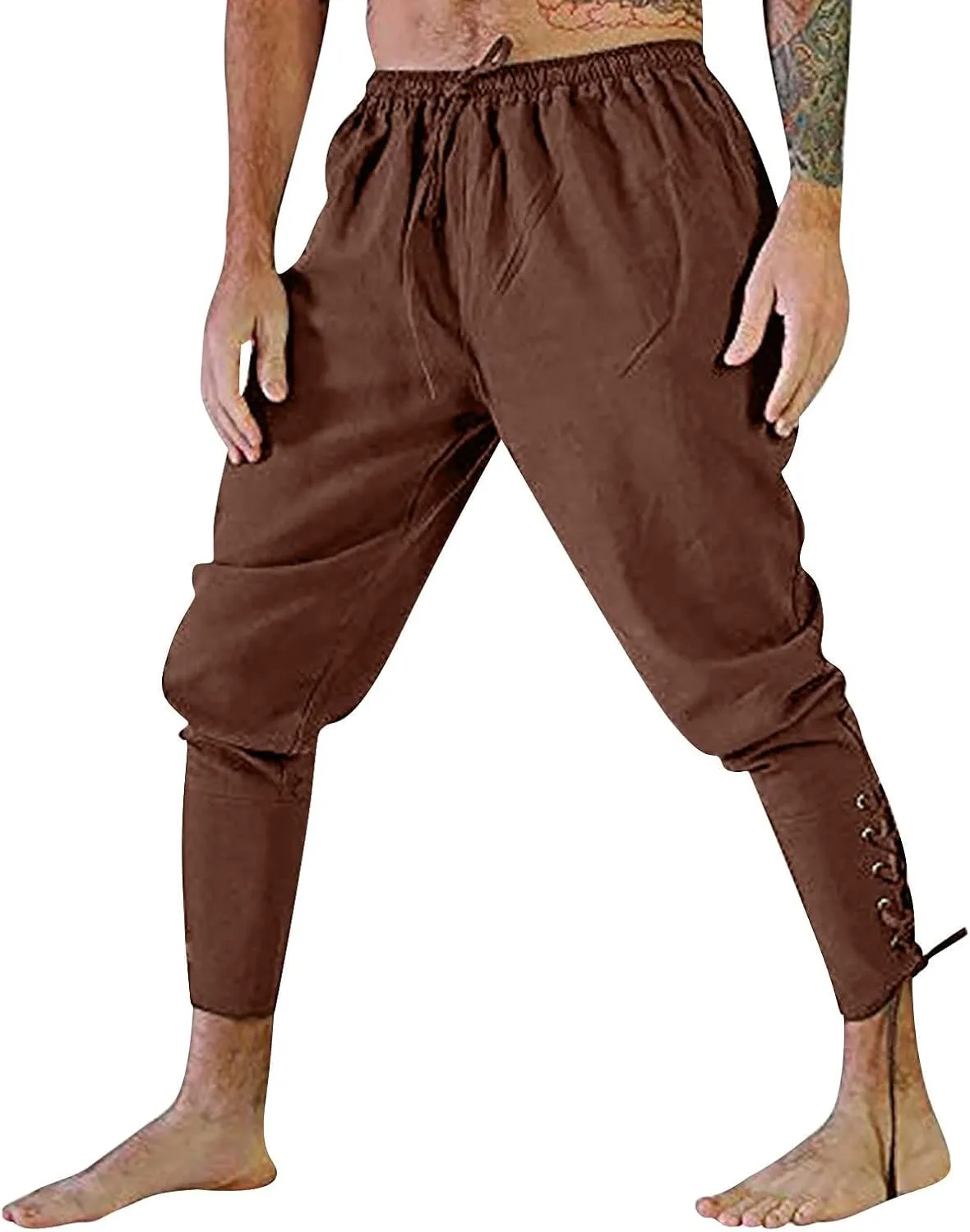 Men's Cotton Linen Pants Casual Harem Pant Elastic Waist Summer Beach Pants Jogger Yoga Trousers