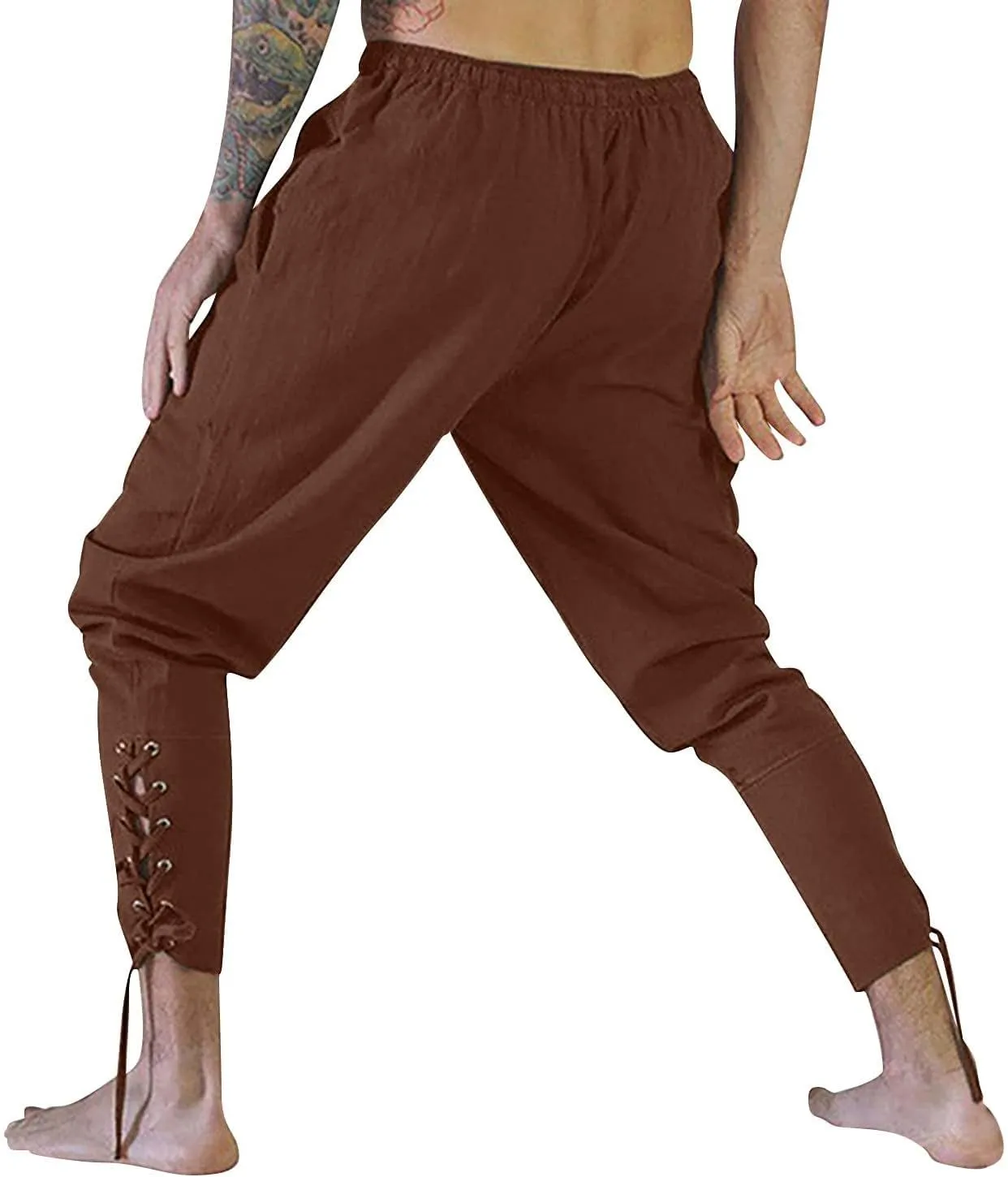 Men's Cotton Linen Pants Casual Harem Pant Elastic Waist Summer Beach Pants Jogger Yoga Trousers