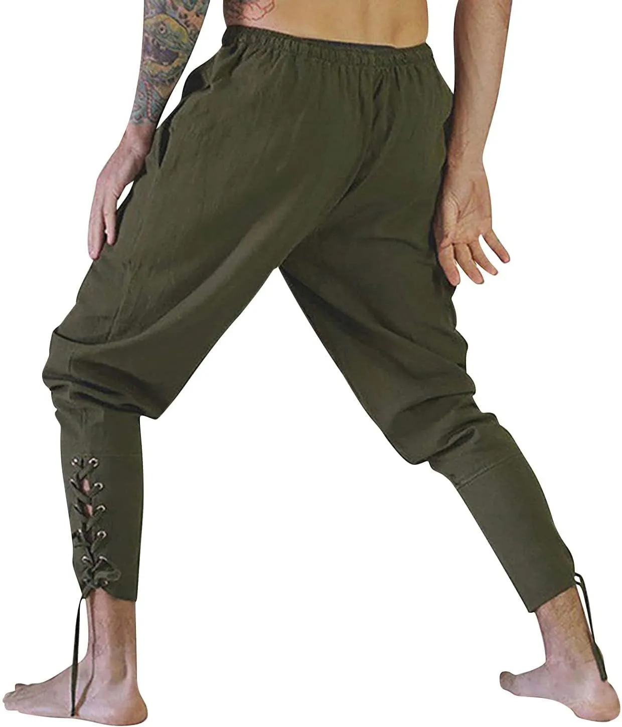 Men's Cotton Linen Pants Casual Harem Pant Elastic Waist Summer Beach Pants Jogger Yoga Trousers