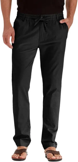 Men's Drawstring Linen Pants Casual Summer Beach Loose Straight Leg Solid Color Trousers