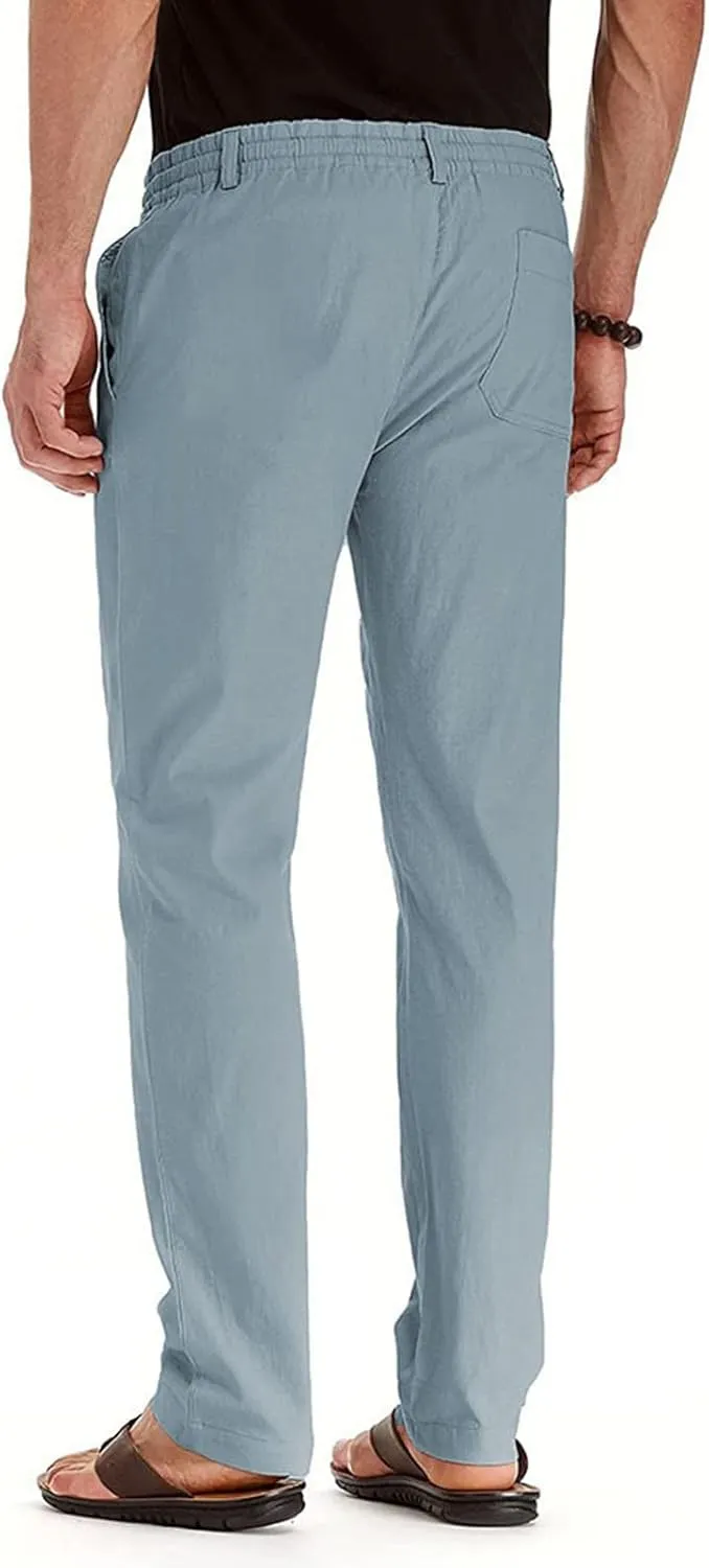 Men's Drawstring Linen Pants Casual Summer Beach Loose Straight Leg Solid Color Trousers