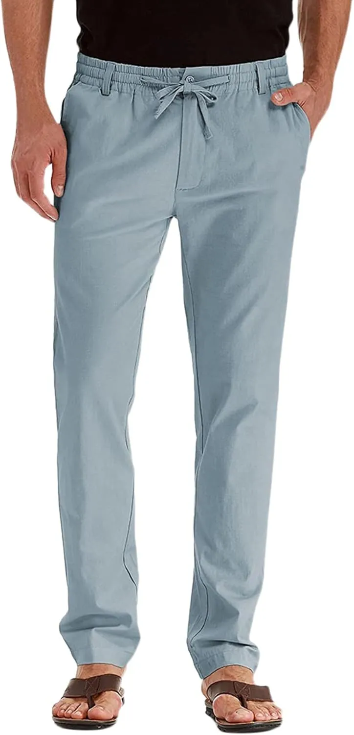 Men's Drawstring Linen Pants Casual Summer Beach Loose Straight Leg Solid Color Trousers