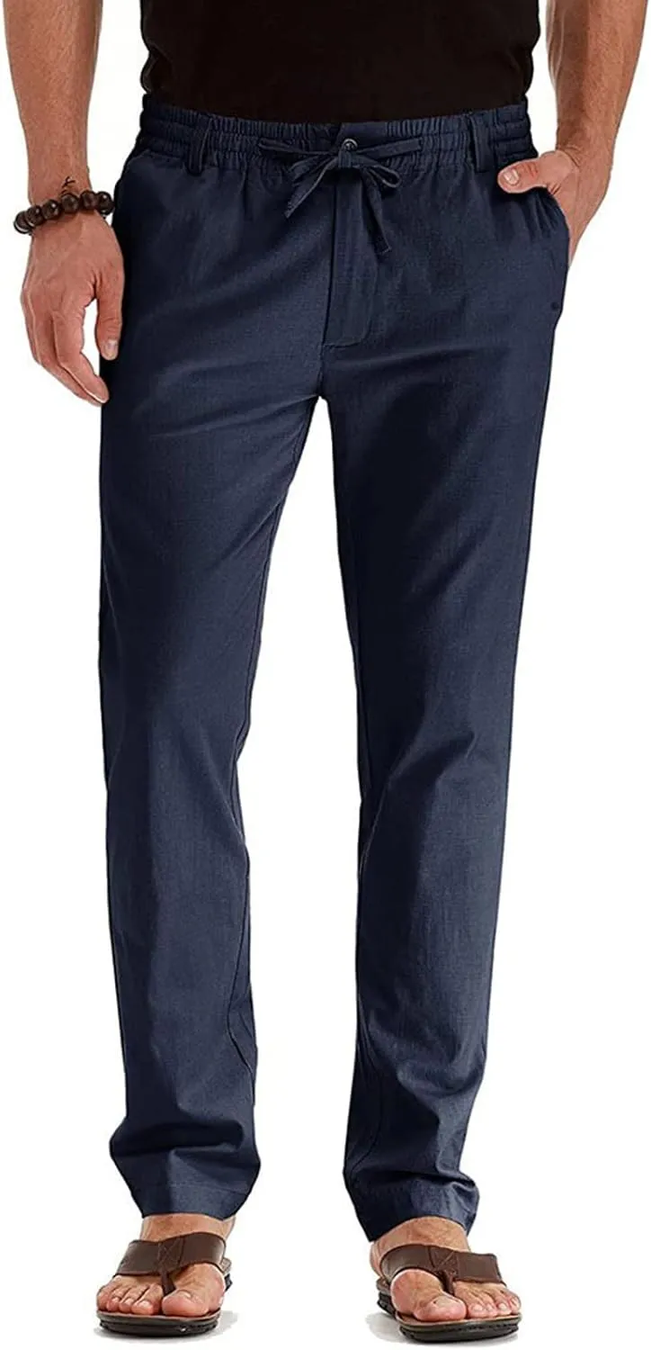 Men's Drawstring Linen Pants Casual Summer Beach Loose Straight Leg Solid Color Trousers