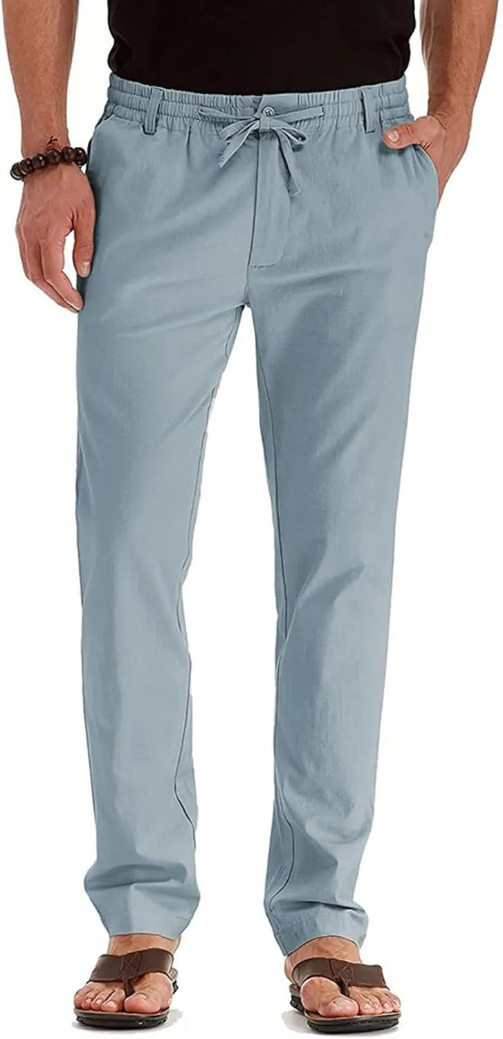 Men's Drawstring Linen Pants Casual Summer Beach Loose Straight Leg Solid Color Trousers