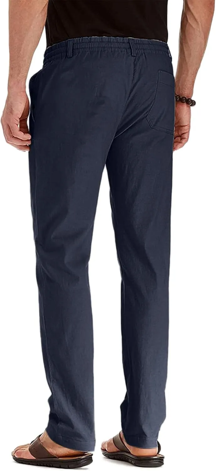 Men's Drawstring Linen Pants Casual Summer Beach Loose Straight Leg Solid Color Trousers