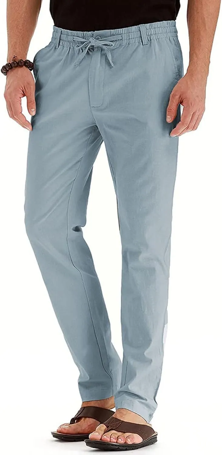 Men's Drawstring Linen Pants Casual Summer Beach Loose Straight Leg Solid Color Trousers